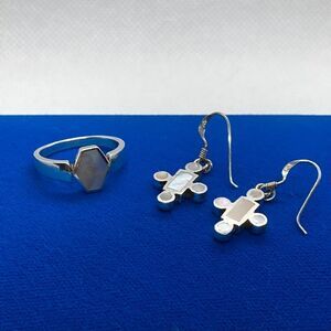💛 925 Vintage Mother Of Pearl Geometric Ring & Earring Set